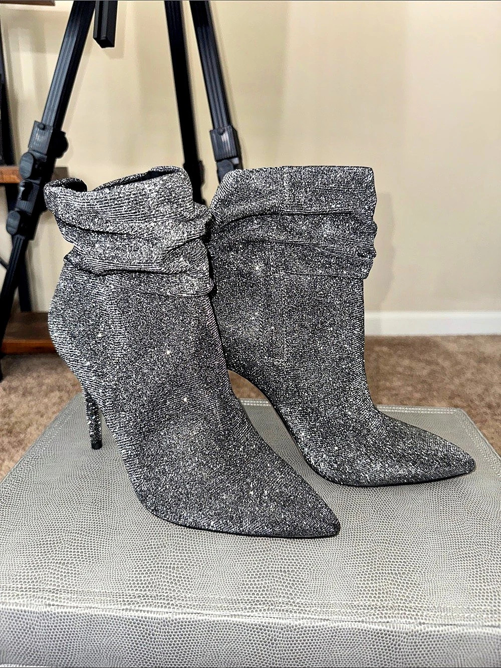 Jessica Simpson Layzer Rhinestone Slouch Boots Silver